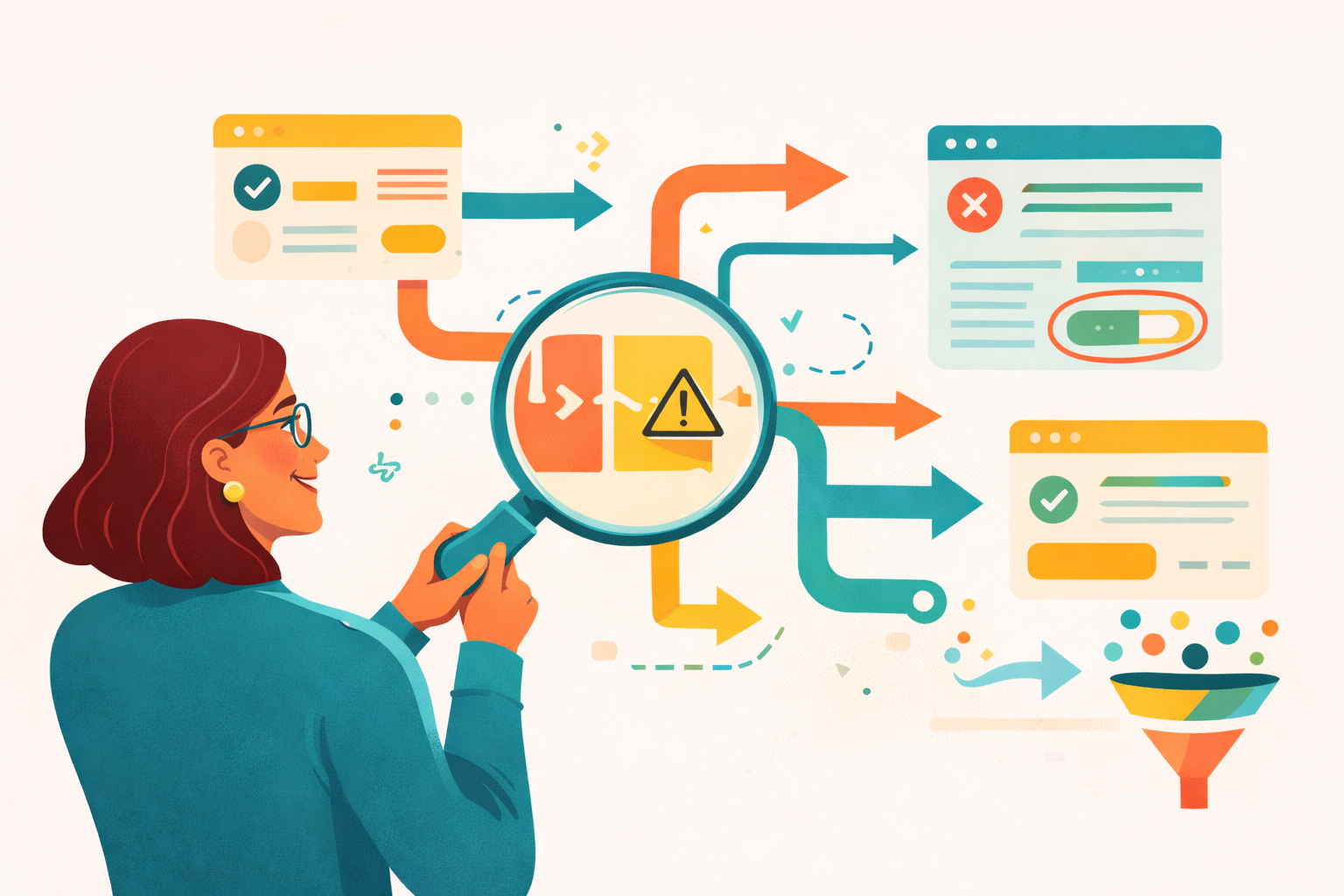 Stylized illustration of a person analyzing website interface elements, highlighting friction points and broken user flows. Stylized illustration of a person analyzing website interface elements, highlighting friction points and broken user flows.